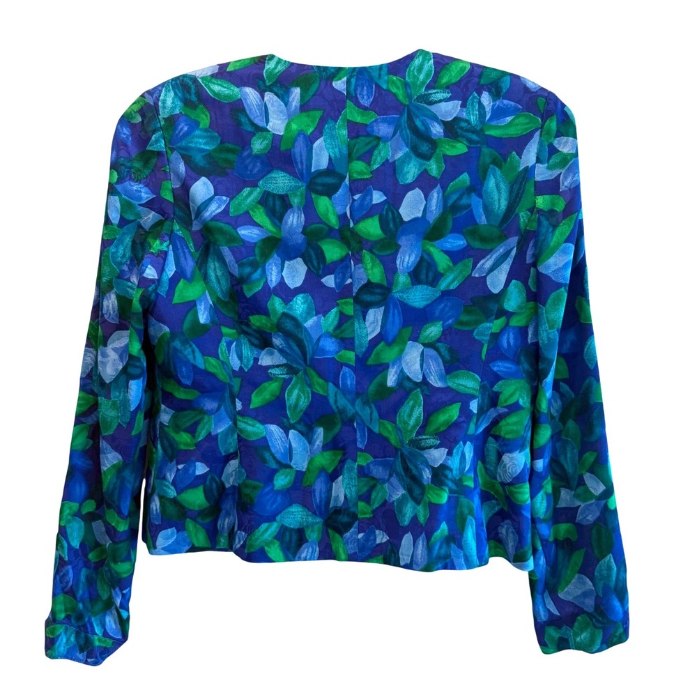 Papell Boutique Womens 10P Silk Blazer Blue Green Floral Leaf Print Jacket 10P - Picture 3 of 5